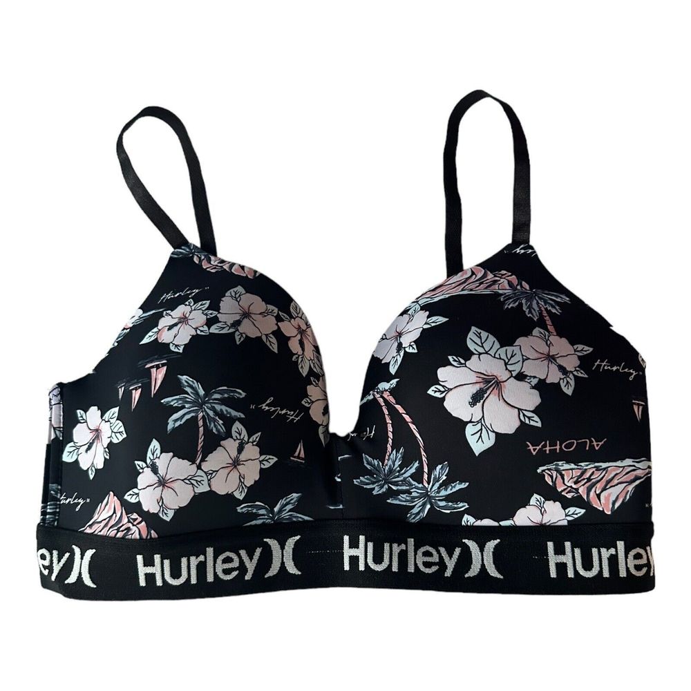 Hurley Bra Womens 34 B Black Super Soft Wireless Padded T Shirt Pushup Logo